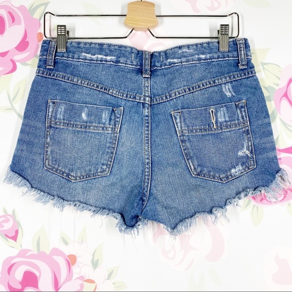Free People Medium Wash Distressed Denim Jean Shorts 26 - Picture 7 of 10
